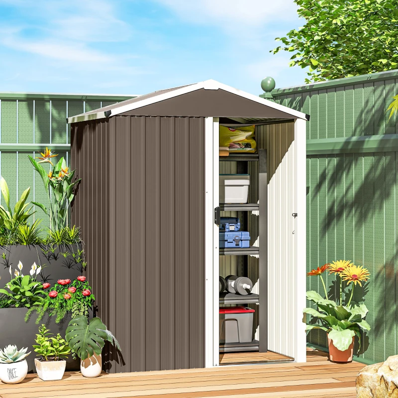 Outsunny Casetta da Giardino in Acciaio 1.1m² con Porta Scorrevole Bloccabile, 136x87x179 cm, Marrone
