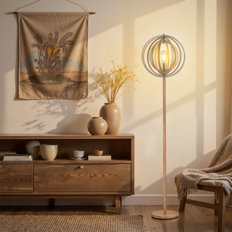 HOMCOM Lampadaire sur Pied Circulaire 40 W Max. Abat-Jour bois naturel clair dim. Ø 38 x 160 cm