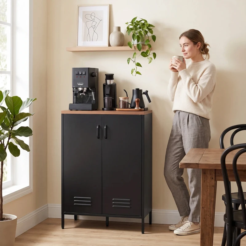 HOMCOM Aparador de Metal con 2 Puertas y Estante Regulable, para Salón/Estudio, Negro