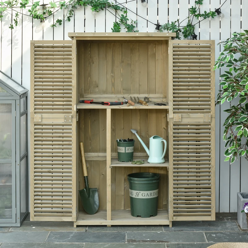 Outsunny Gartenschrank Holz Gekipptes Asphaltdach Verriegelte Türen wasserfest Freie Lüftung Holzfarben 87 x 46,5 x 160 cm