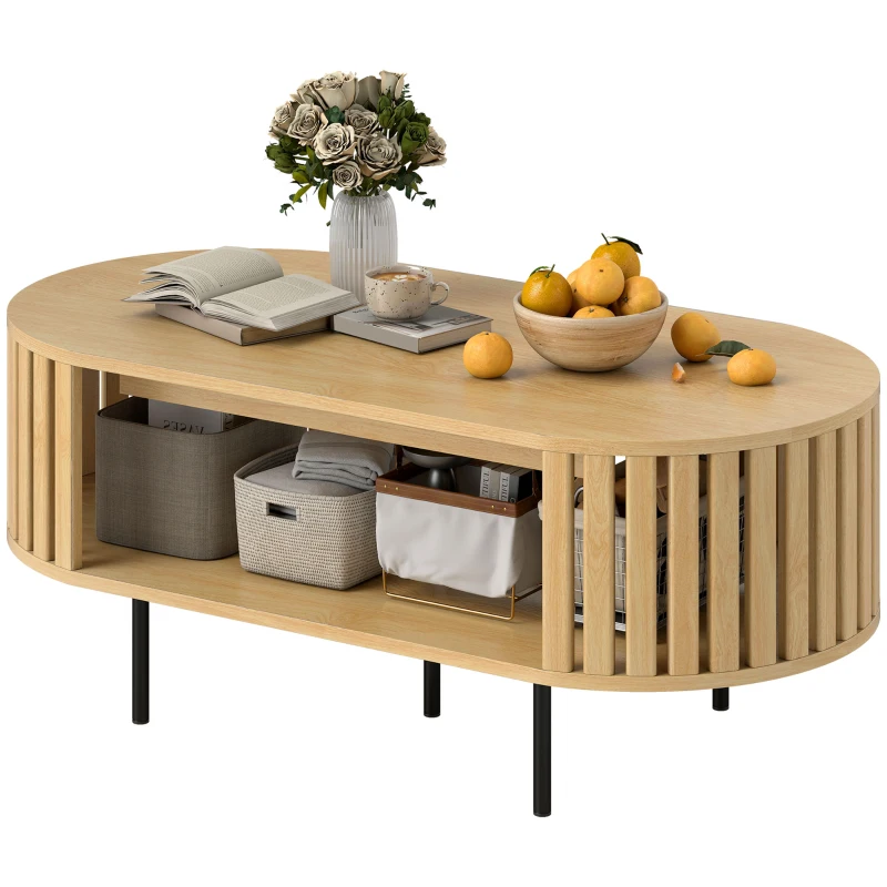 HOMCOM Table basse ovale, table de salon avec rangement, coins arrondis, design lattes, 100 x 50 x 40 cm, effet bois naturel(m-12)