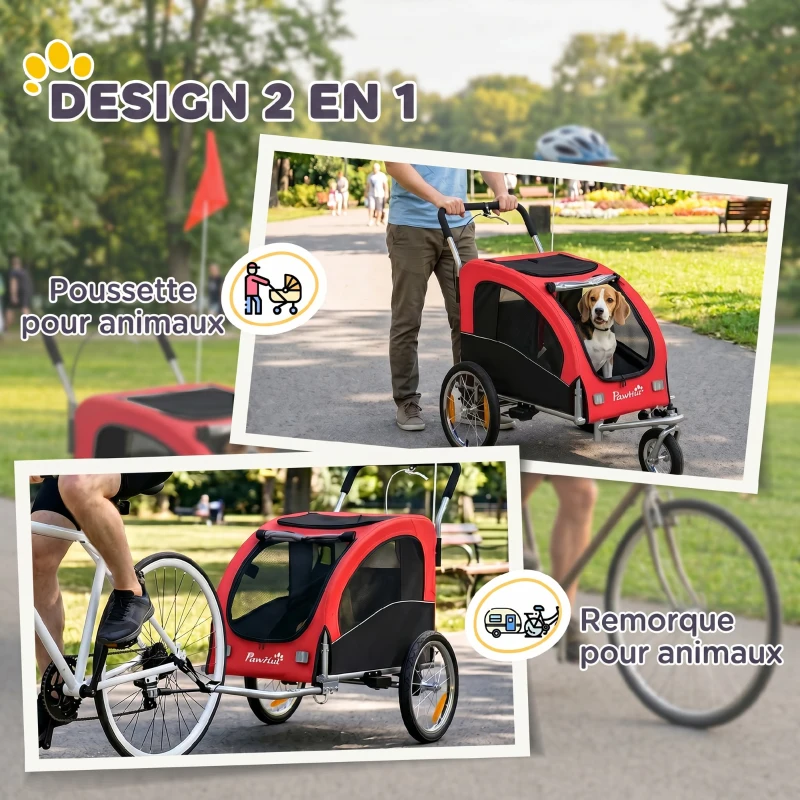 PawHut Remorque Vélo Chien 2-en-1 pour Chien Moyen avec Suspension, Pneus à Dégagement Rapide, Réflecteurs, 160x71x101cm, Rouge