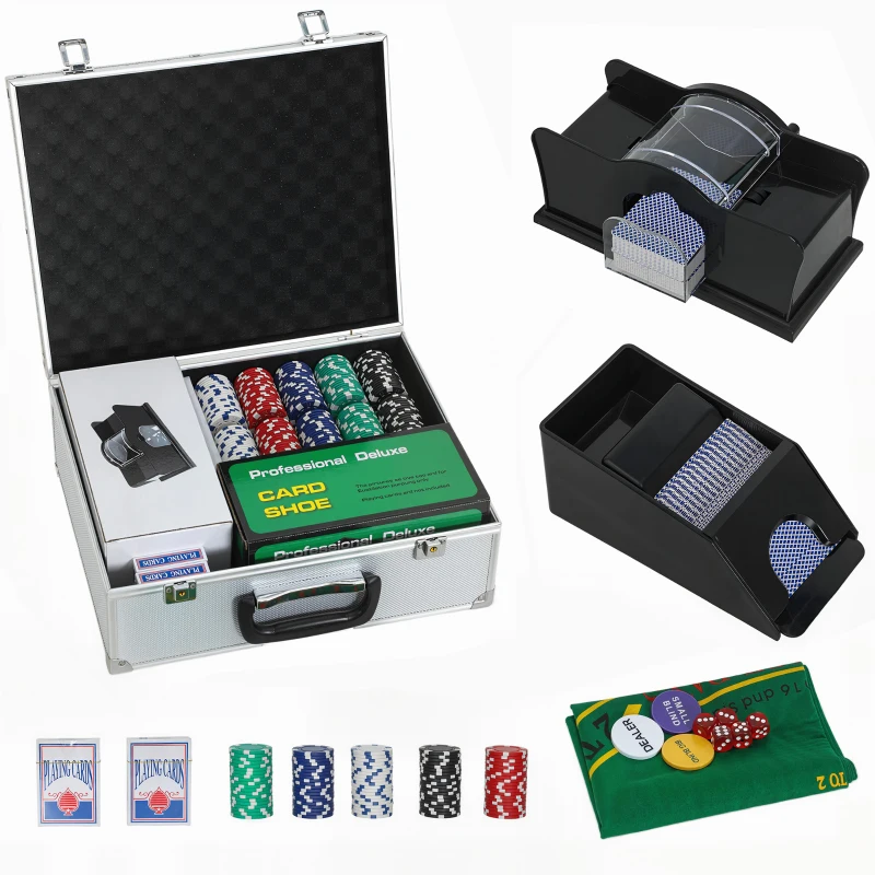 SPORTNOW Mallette de Poker Coffret de Poker Complet 300 Jetons, Cartes à Jouer, Dés, Dealer, Tapis, Clés, Boîtier en ABS, Argent