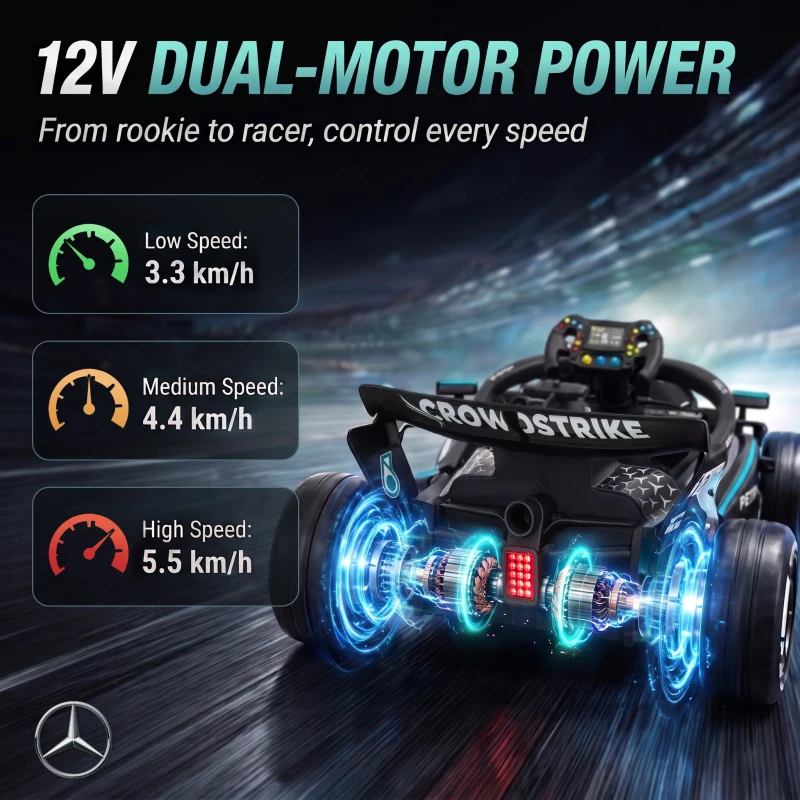 AIYAPLAY Kart Électrique Enfants 12V, Go Kart Mercedes-AMG PETRONAS F1 avec 2 Moteurs, Télécommande, 3 Vitesses, Noir