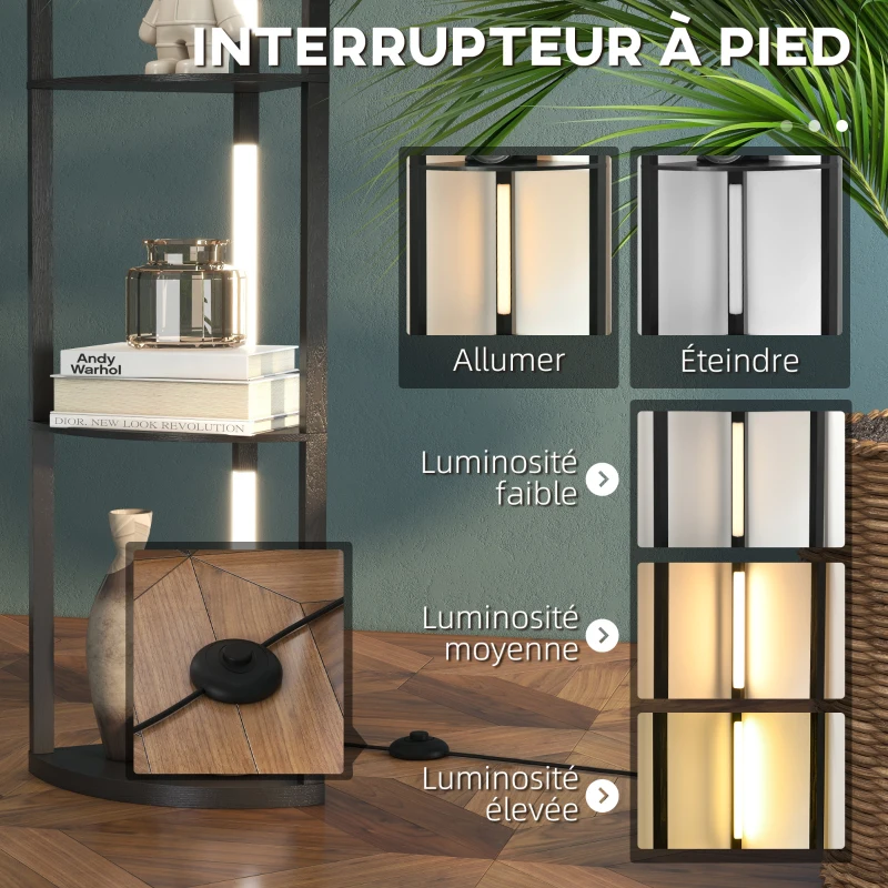 HOMCOM Lampadaire sur pied salon, lampadaire avec étagères d'angle à 4 niveaux, lampe LED dimmable, 41x29,5x163,5cm, noir