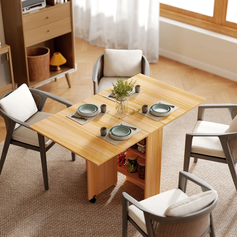 HOMCOM Table pliante de cuisine salle à manger amovible sur roulettes 80L x 140l x 74H cm 2 étagères intégrées en bois coloris bois naturel