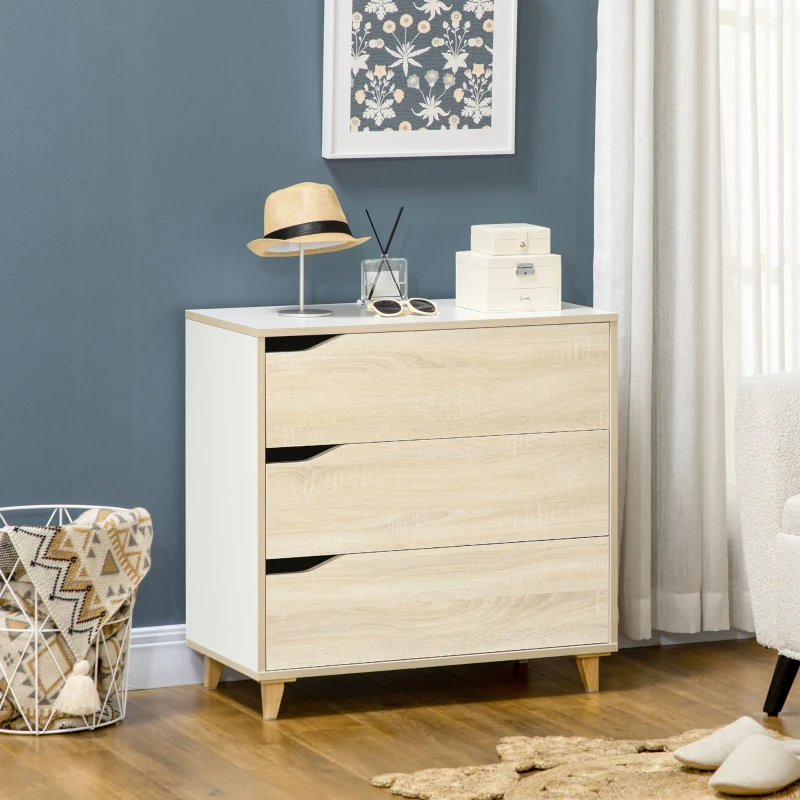 HOMCOM Commode avec 3 tiroirs meuble de rangement bicolore blanc et aspect bois - 75 x 42 x 75 cm