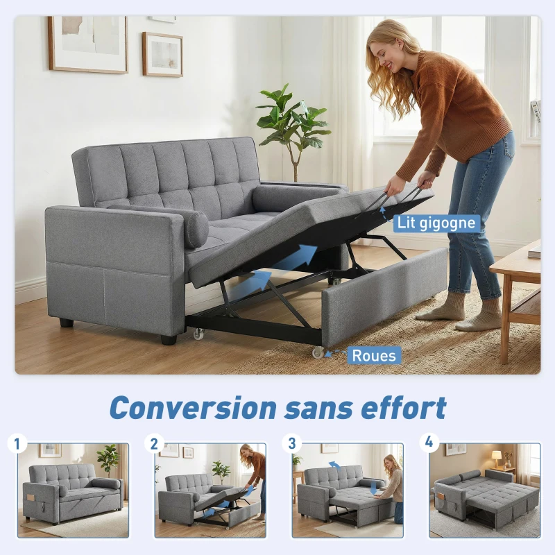 HOMCOM Canapé convertible 2 places 3 en 1 canapé-lit avec lit gigogne double dossier réglable 2 coussins 80,5x137,5x84cm gris