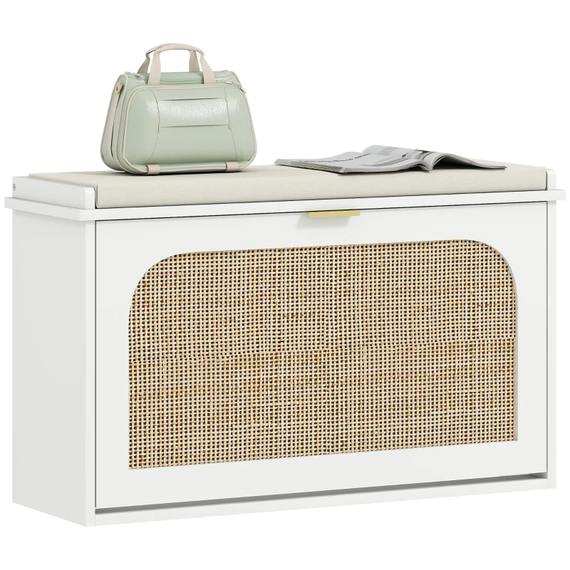 HOMCOM Banc à chaussures, banc de rangement, assise rembourrée, tiroir rabattable, porte en rotin, 80 x 26 x 47,5 cm, blanc