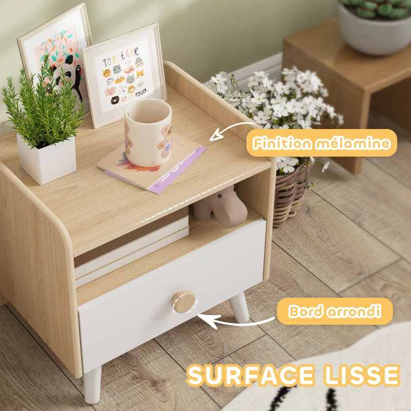 AIYAPLAY Table de chevet enfant table de nuit enfant avec tiroir et niche, petite table d'appoint en bois pour chambre d'enfant