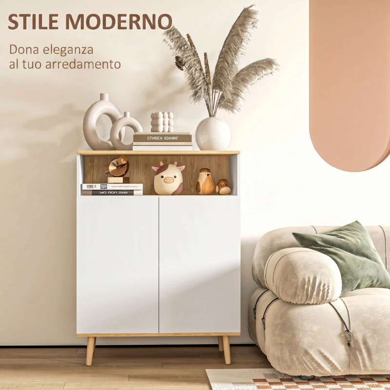 HOMCOM Credenza Cucina Scandinava con 2 Ante, Ripiano Regolabile, Gambe in Legno di Pino, 80x38x102 cm, Bianco e Rovere