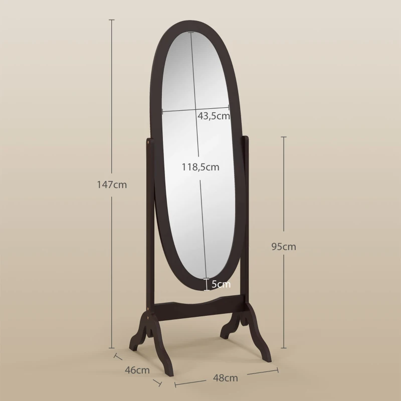 HOMCOM Miroir à pied ovale style shabby chic inclinaison réglable 48 x 46 x 147 cm mdf café