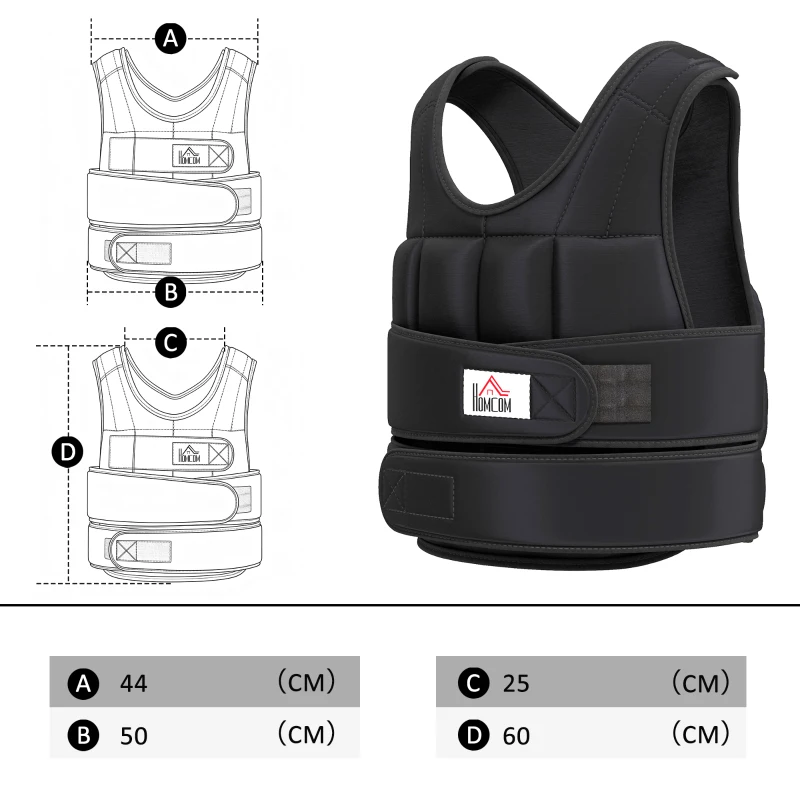 HOMCOM Giubbotto Zavorrato 20kg Unisex 38 Pesi Singoli, Imbottitura, Chiusure con Velcro, Nero
