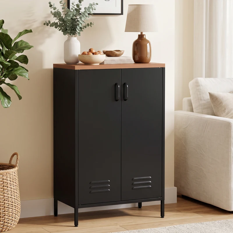 HOMCOM Metall-Sideboard mit 2 Türen und verstellbarem Regal, für Wohnzimmer/Studio, Schwarz
