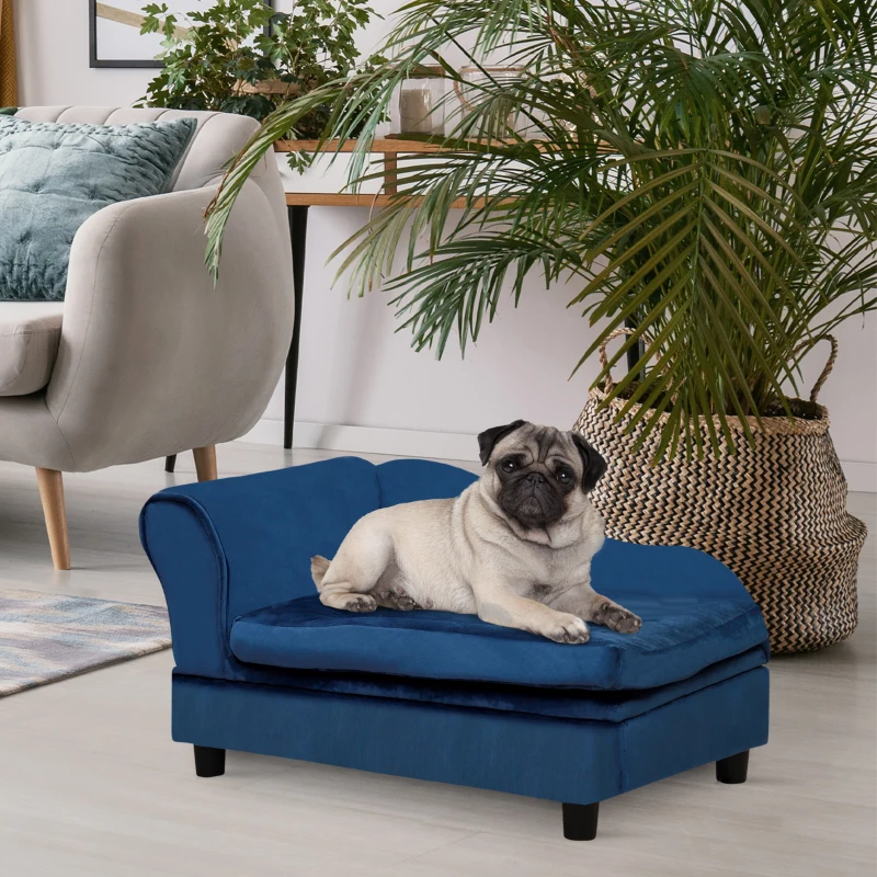 PawHut Sofá para mascotas con almacenamiento, cojín suave, hasta 15 kg de capacidad, revestimiento de peluche, armazón de madera dura, Azul