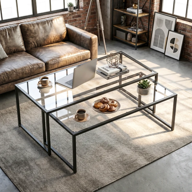 HOMCOM Lot de 2 tables basses gigognes tables de salon rectangulaires design en acier noir et plateaux en verre trempé