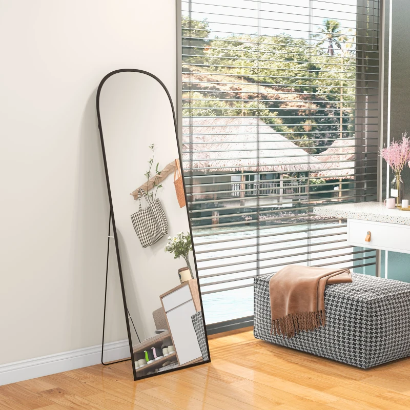 HOMCOM Miroir sur pied rectangulaire arrondi cadre en aluminium avec support pour entrée chambre dressing 50 x 161,5 cm noir