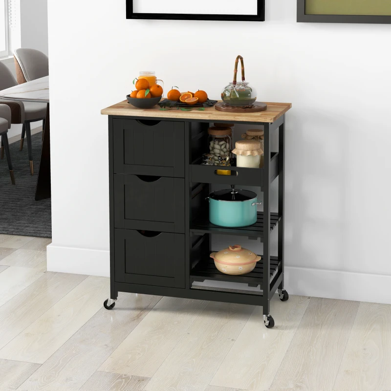 HOMCOM Chariot desserte de cuisine à roulettes plan de travail en bois 3 tiroirs et 1 plateau amovible 67 x 37 x 85,5 cm noir