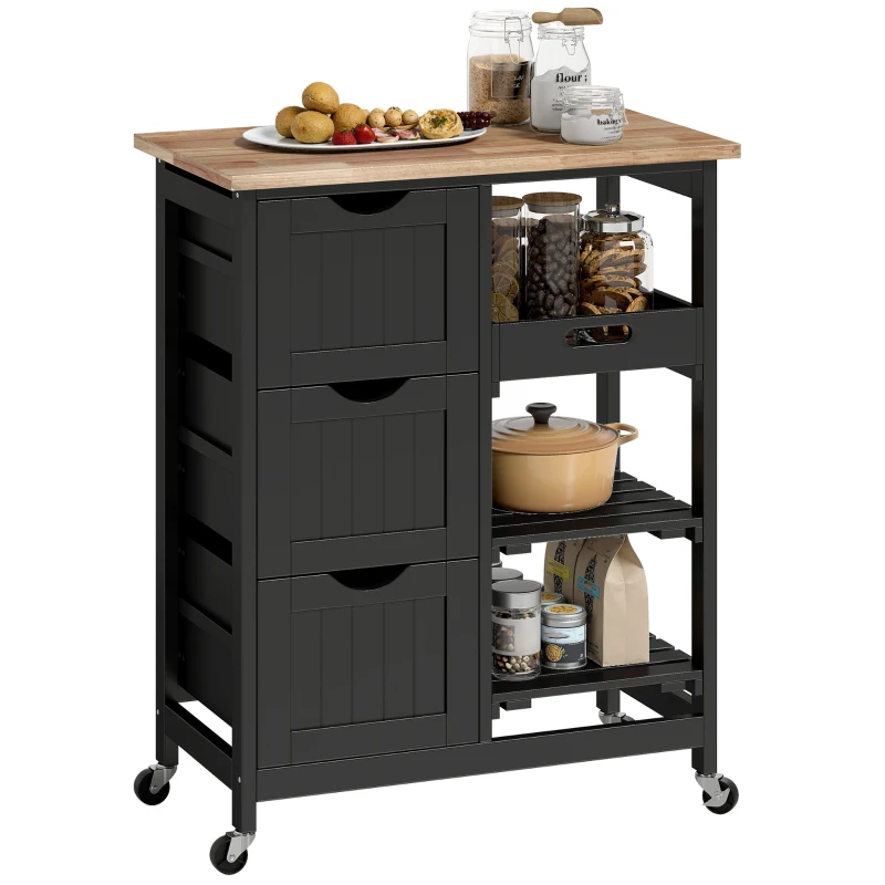 HOMCOM Chariot desserte de cuisine à roulettes plan de travail en bois 3 tiroirs et 1 plateau amovible 67 x 37 x 85,5 cm noir