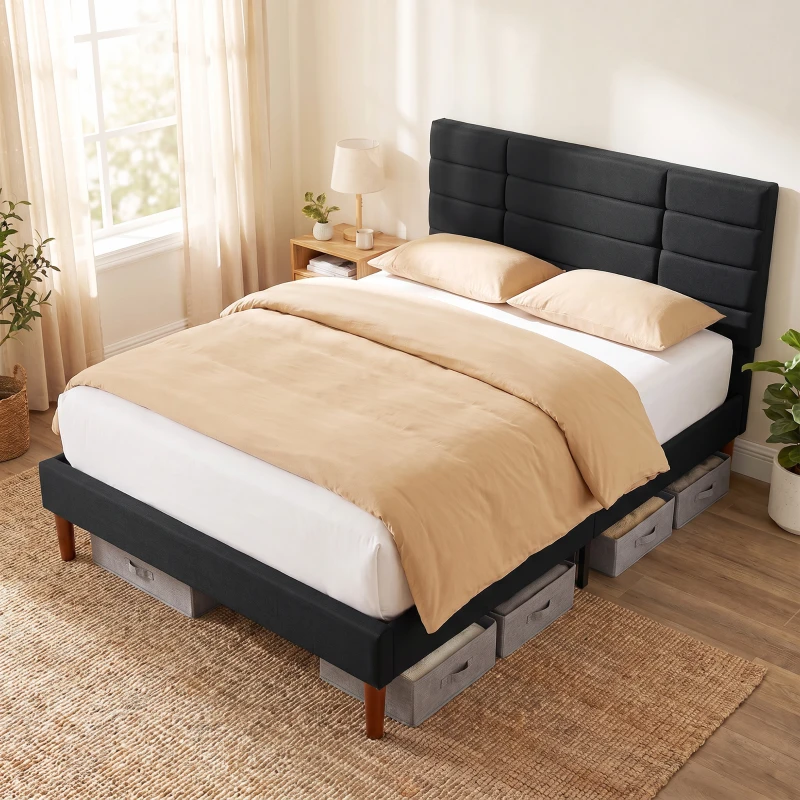 HOMCOM Estructura de Cama 140x200 cm con Lamas de Madera Cama Doble Acolchada en Efecto Lino con Almacenamiento Inferior sin Ruido Negro