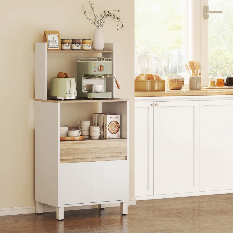 HOMCOM Meuble micro onde, buffet cuisine avec placard tiroir étagère supérieur, 60 x 40 x 131 cm chêne et blanc