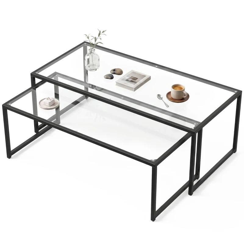 HOMCOM Lot de 2 tables basses gigognes tables de salon rectangulaires design en acier noir et plateaux en verre trempé