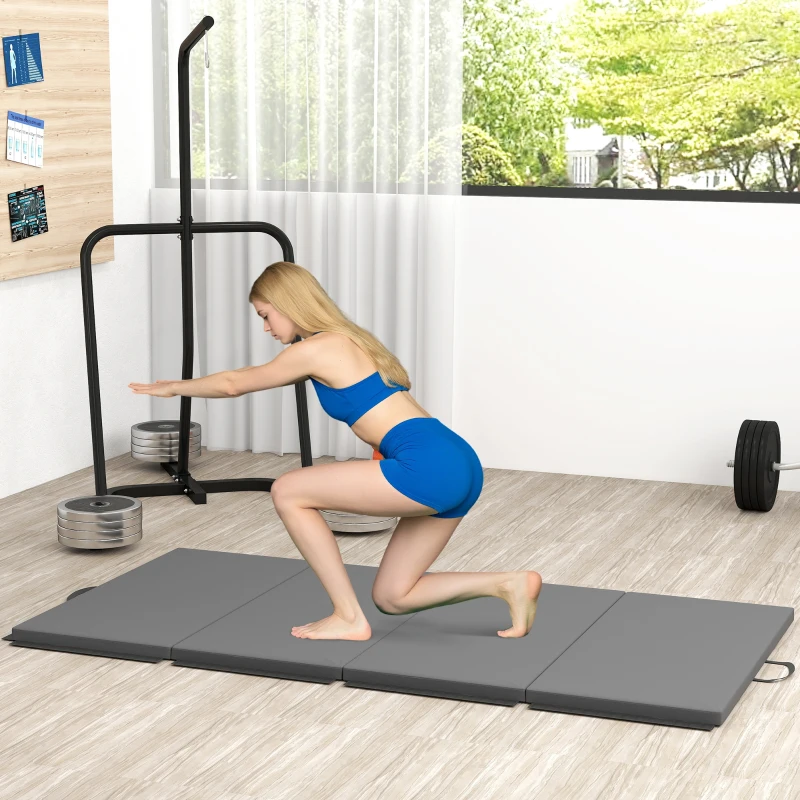 HOMCOM Tapis de gymnastique yoga pilates fitness pliable en 4 avec poignées revêtement synthétique 240 x 120 x 5 cm gris