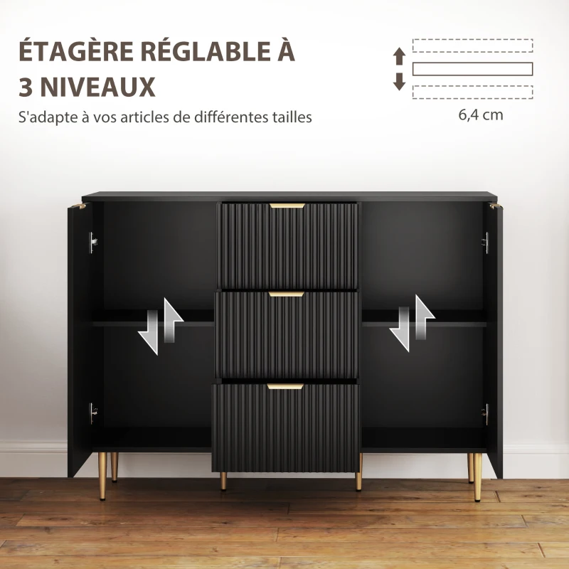 HOMCOM Buffet meuble cuisine rangement avec 3 tiroirs, étagères réglables, placards à portes cannelées, 120 x 40 x 90 cm, noir