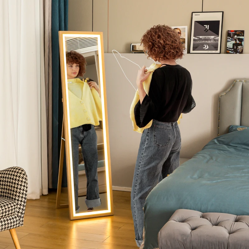 HOMCOM Grand miroir pleine longueur, miroir mural ou sur pied rectangulaire, 40 x 160 cm avec éclairage LED 3 couleurs, chêne