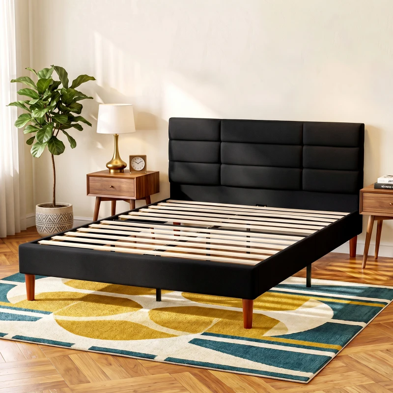 HOMCOM Estrutura de Cama 140x200 cm com Ripas de Madeira Cama de Casal Estofada Efeito Linho Armazenamento Inferior Sem Ruído Preto