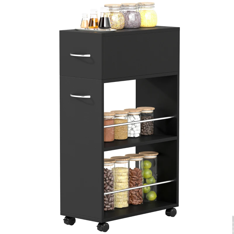 HOMCOM Chariot de cuisine desserte sur roulettes avec 1 tiroir et 2 étagères ouvertes pour salle à manger 25 x 50 x 85 cm Noir