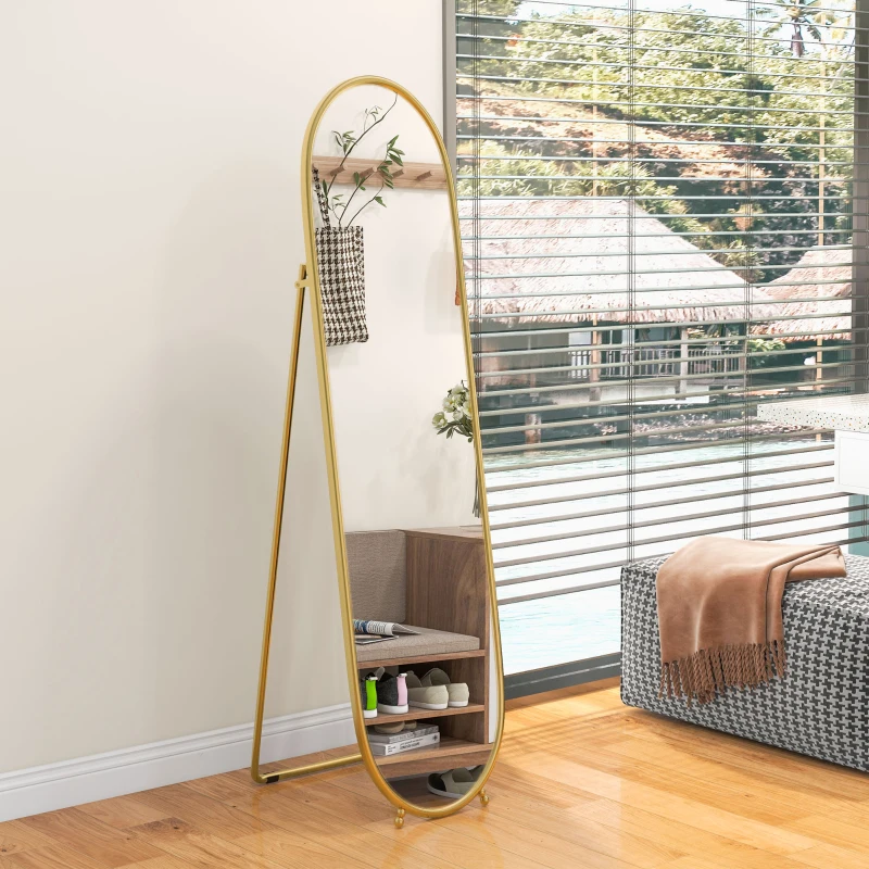 HOMCOM Grand miroir sur pied, miroir ovale, cadre en métal doré, avec support pour entrée, chambre, dressing, 40 x 160 cm