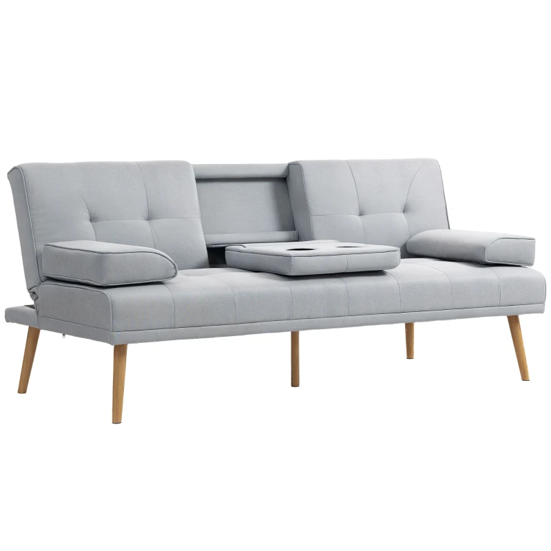HOMCOM Canapé convertible 3 places, canapé-lit rembourré avec dossier réglable 3 niveaux, 2 coussins et 2 porte-gobelets intégrés, tissu de lin, pour salon, chambre d'amis, petit espace, gris clair