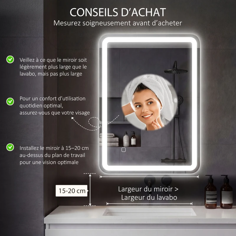 HOMCOM Miroir de salle de bain rectangulaire LED fonction anti-buée luminosité réglable fonction mémoire 70 x 90 cm argent