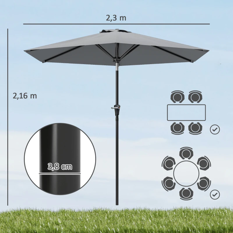 Outsunny Parasol de jardin Parasol droit hexagonal inclinable Ø 2,3 x 2,16H m métal polyester haute densité gris
