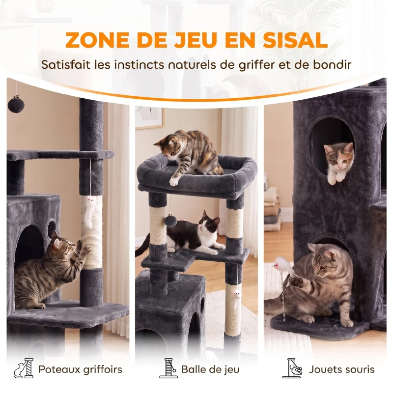 PawHut Arbre à Chat 4 Niveaux 132 cm, Niche, Lit, Plateforme, Poteaux à Griffer en Sisal, Jouets Suspendus, Gris Foncé