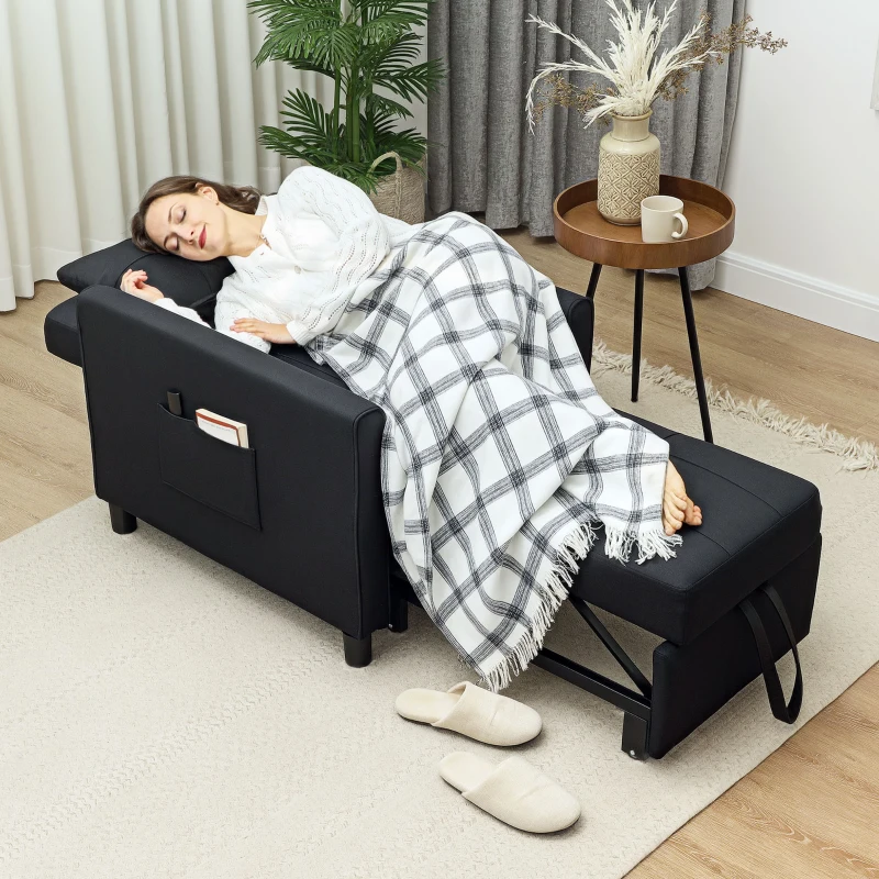 HOMCOM 3-In-1 Linen-Look Single Chair Bed with 11cm Thick Adjustable Back & Eucalyptus Wood Sofa Frame - Black