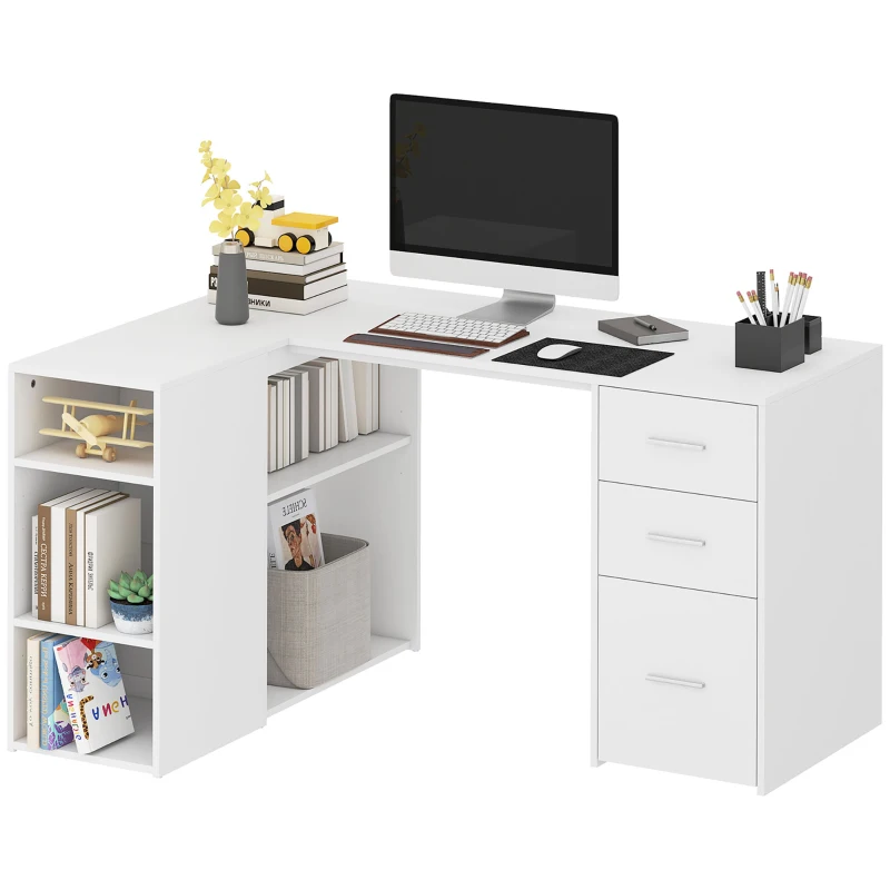HOMCOM Eckschreibtisch, L-förmiger Computerschreibtisch, 3 Schubladen, 5 offene Fächer, verstellbare Regalböden, 140x100x75cm, Weiß