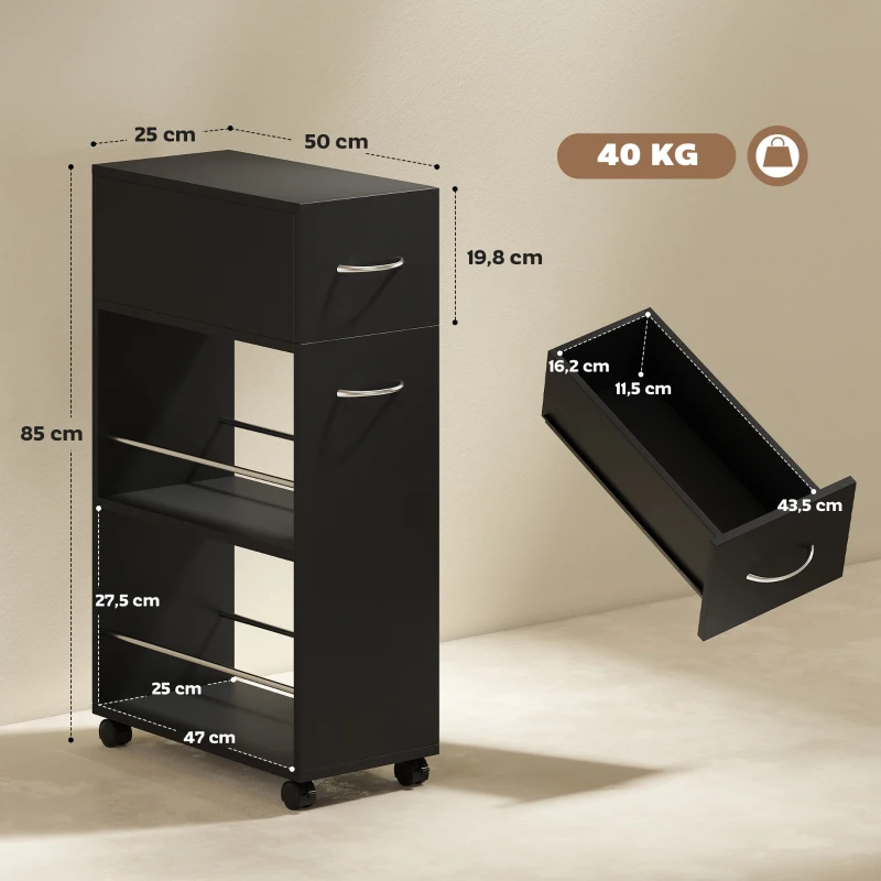 HOMCOM Chariot de cuisine desserte sur roulettes avec 1 tiroir et 2 étagères ouvertes pour salle à manger 25 x 50 x 85 cm Noir