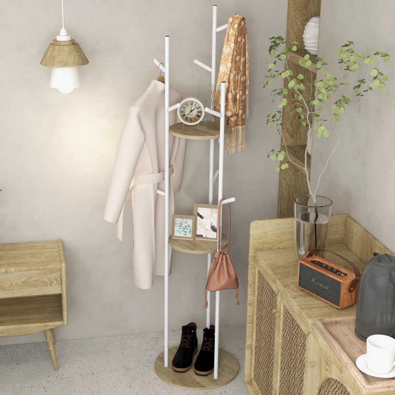 HOMCOM Porte-manteaux sur pied meuble d'entrée en acier avec 9 crochets et 2 étagères rondes Ø 40 x 167 cm naturel et blanc