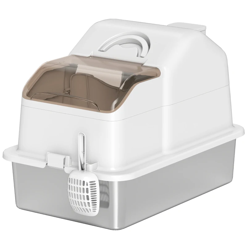 PawHut Lettiera per Gatti Chiusa con Tappetino Raccogli-sabbia, in Acciaio Inox, ABS e PP, 60.5x40.5x45 cm, Bianca e Argento