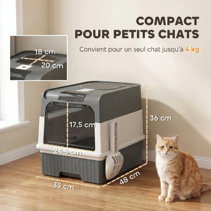 PawHut Maison de Toilette pour Chat avec Couvercle, Entrées, Plateau Coulissant, Pelle, Sachets Désodorisants, 48x35x36cm, Gris