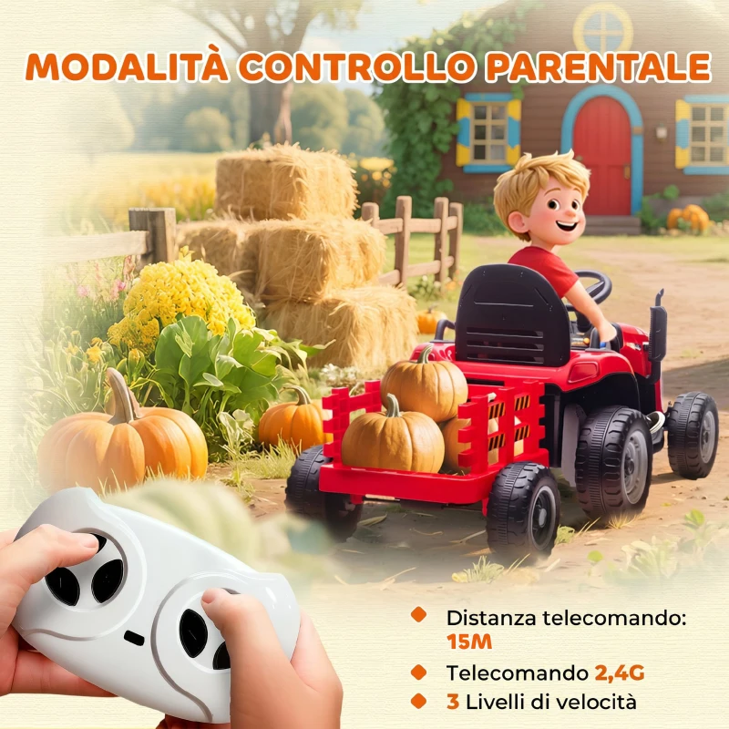 AIYAPLAY 2 in 1 Trattore Elettrico per Bambini 3-8 Anni con Rimorchio Staccabile, Telecomando, Musica, Luci, Rosso