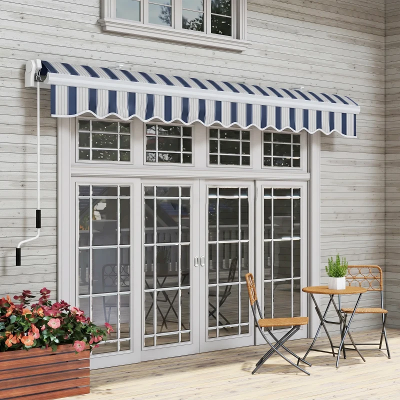 Outsunny Store banne manuel rétractable 395 x 245 cm avec manivelle, polyester 280 g/m² protection UV, aluminium, bleu et blanc