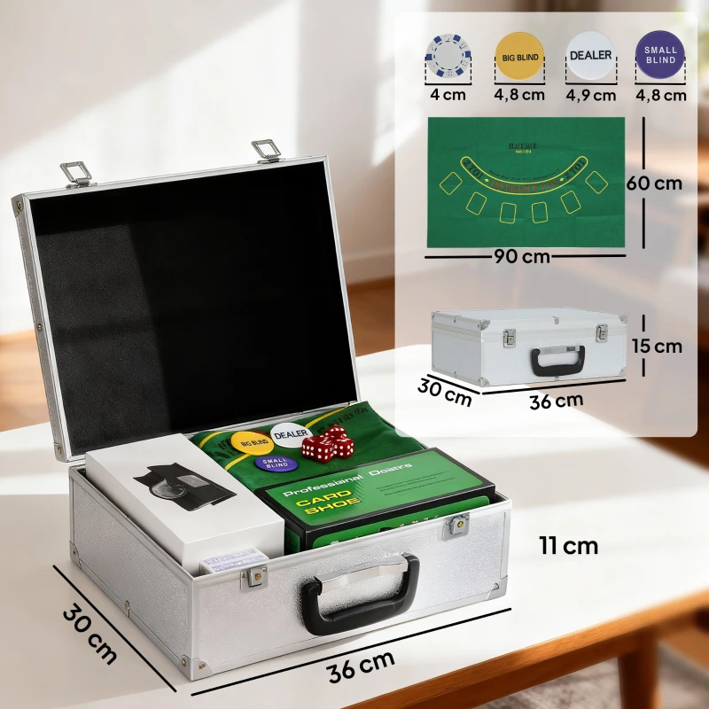 SPORTNOW Mallette de Poker Coffret de Poker Complet 300 Jetons, Cartes à Jouer, Dés, Dealer, Tapis, Clés, Boîtier en ABS, Argent