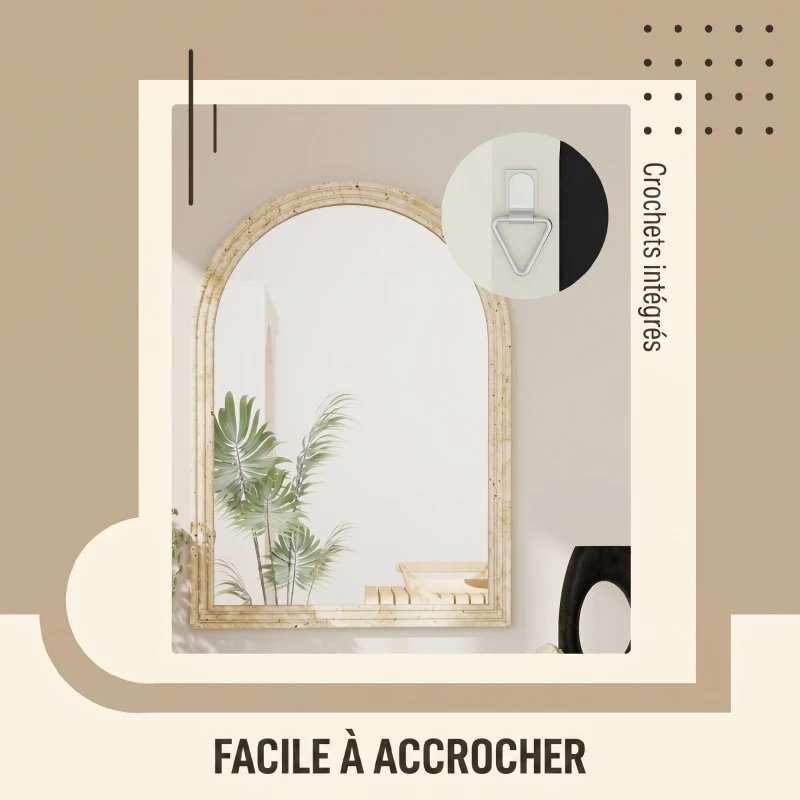 HOMCOM Miroir Mural Arqué, Miroir Moderne avec Bord Rainuré et Crochets, Verre Trempé et Polystyrène, 60 x 90 cm, Beige