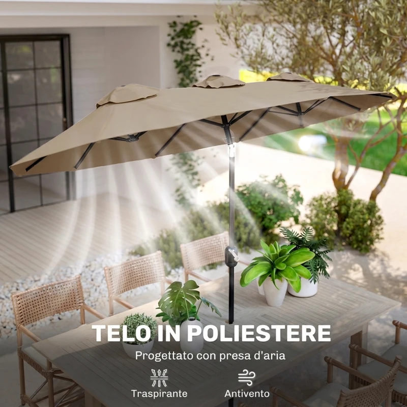 Outsunny Ombrellone da Giardino Doppio Inclinabile con Apertura a Manovella, 295x152x222 cm, Cachi