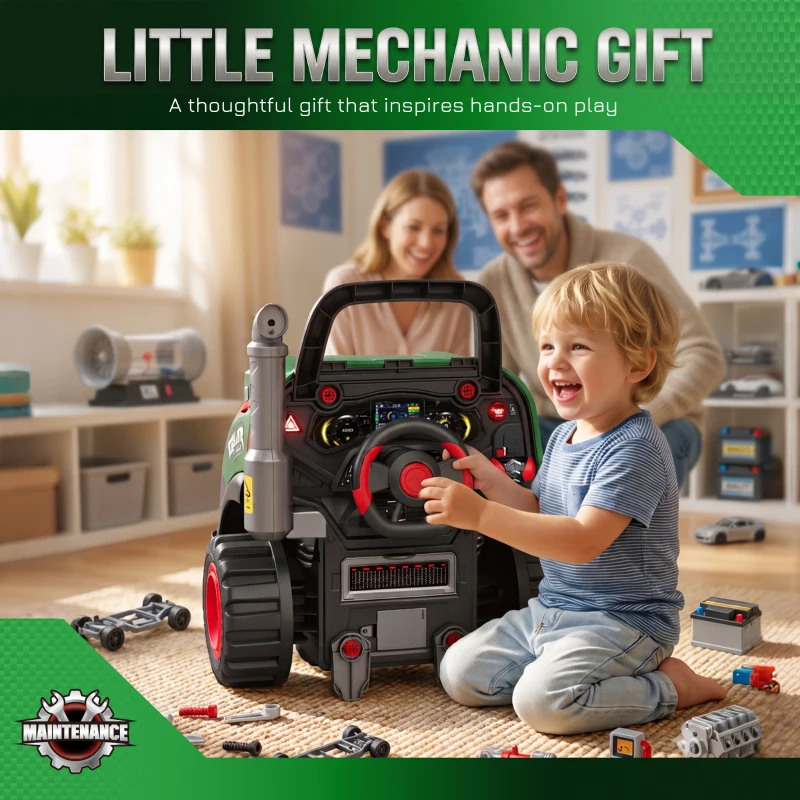AIYAPLAY Jouet Moteur de Camion pour Enfants, Camion Mécano, Volant avec Effet de Brume, Sonores et Lumineux pour 3-6 Ans, Vert