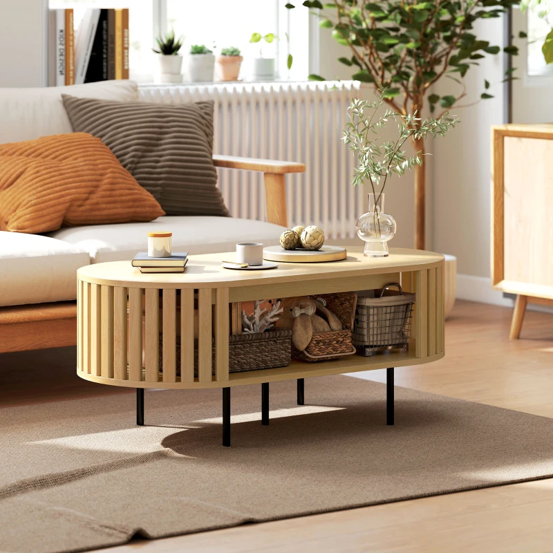 HOMCOM Table basse ovale, table de salon avec rangement, coins arrondis, design lattes, 100 x 50 x 40 cm, effet bois naturel(m-9)