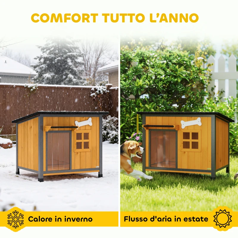 PawHut Cuccia per Cani da Esterno in Legno e Acciaio Anti-Morso, Tetto Apribile e Tenda per Porta, Giallo